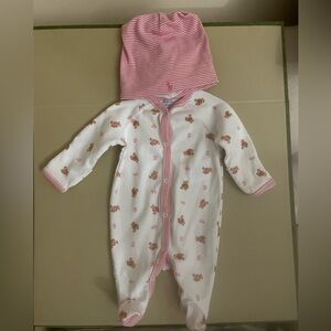Ralph Lauren Baby Girl Floral/Polo Bear 2-Piece Footed Coverall & Beanie Set